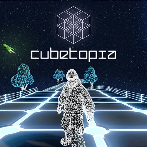 A screenshot from a computer game with a futuristic wireframe look. A person is standing on a wide road surrounded by trees. Above it, a starry sky, a rocket and the title Cubetopia. The logo looks like a schematic drawing of a cube.