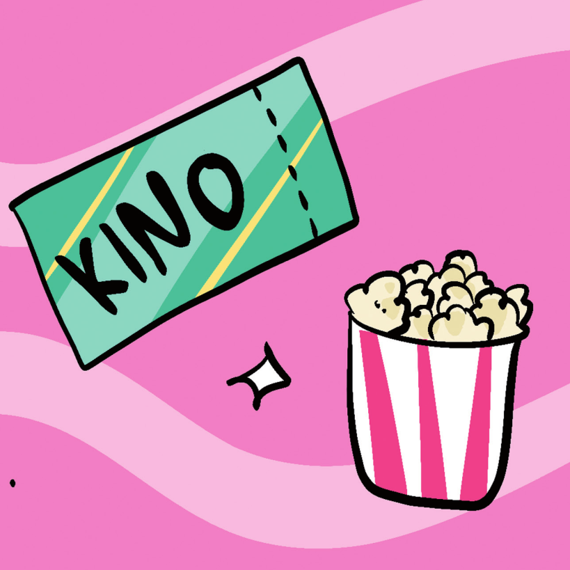 Zeichnung von einer Kino-Eintrittskarte und einem Eimer Popcorn