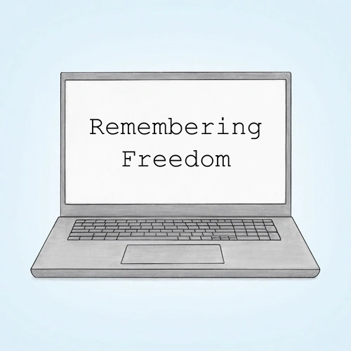 Zeichnung eines Laptops, dessen Bildschirm den Titel Remembering Freedom zeigt